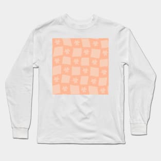 Large Floral Checker Board - Pastel Coral Pink Long Sleeve T-Shirt